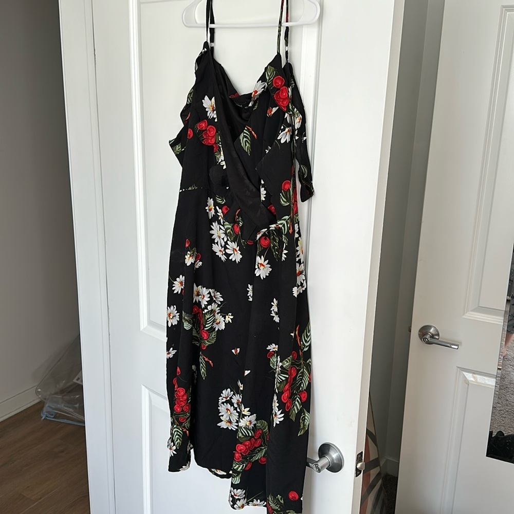 Cherry black dress. Good for weddings and cocktail hour!